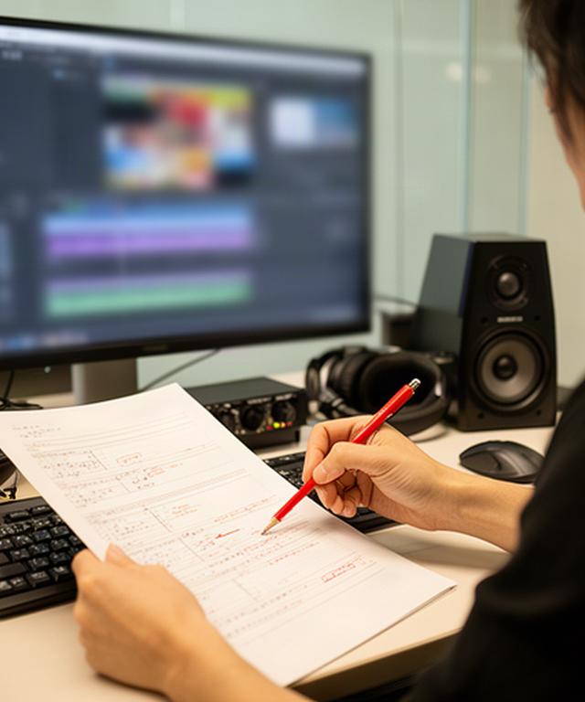 編集画面を確認しながらナレーション原稿に赤字を入れる、狭山市の映像制作室