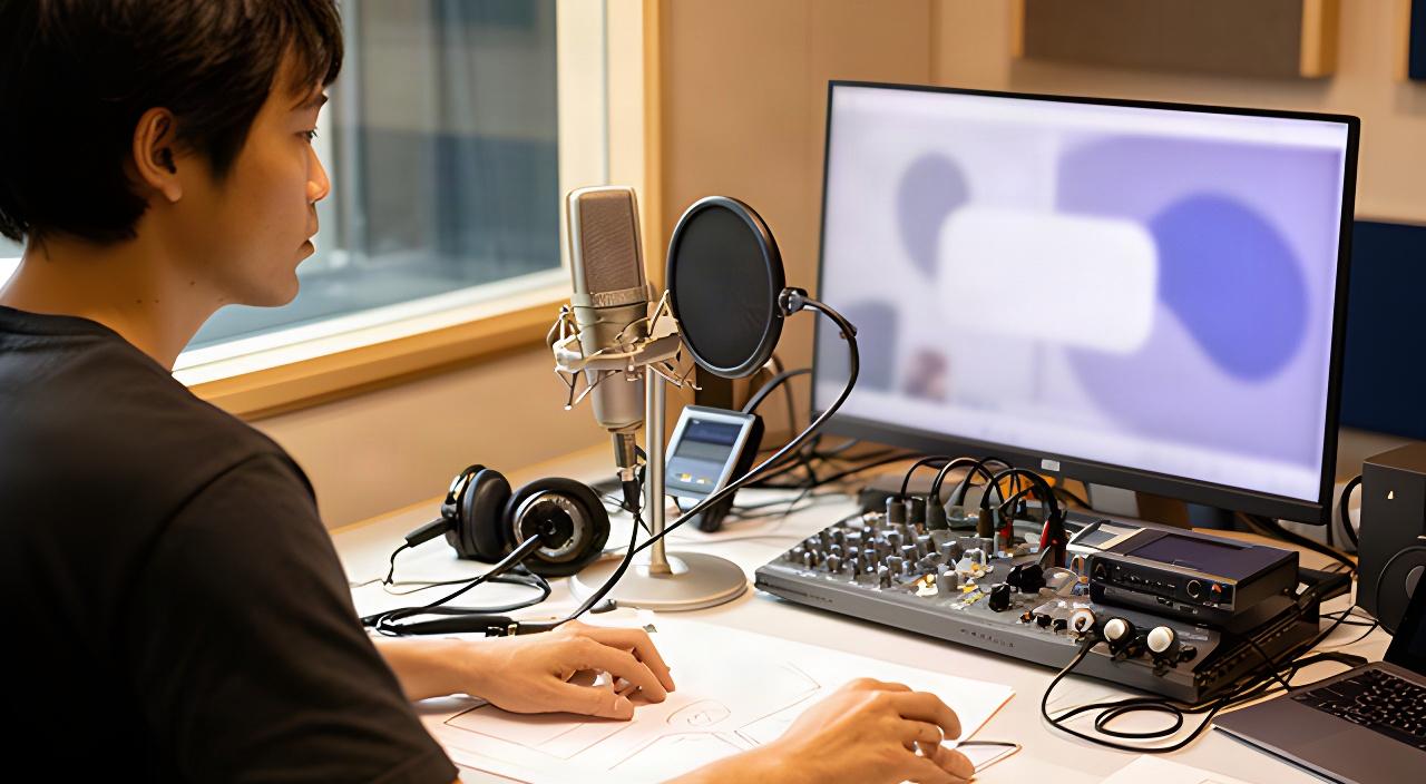 狭山市の制作室で、映像の構成案と音声収録機材を並べて準備する制作スタッフ