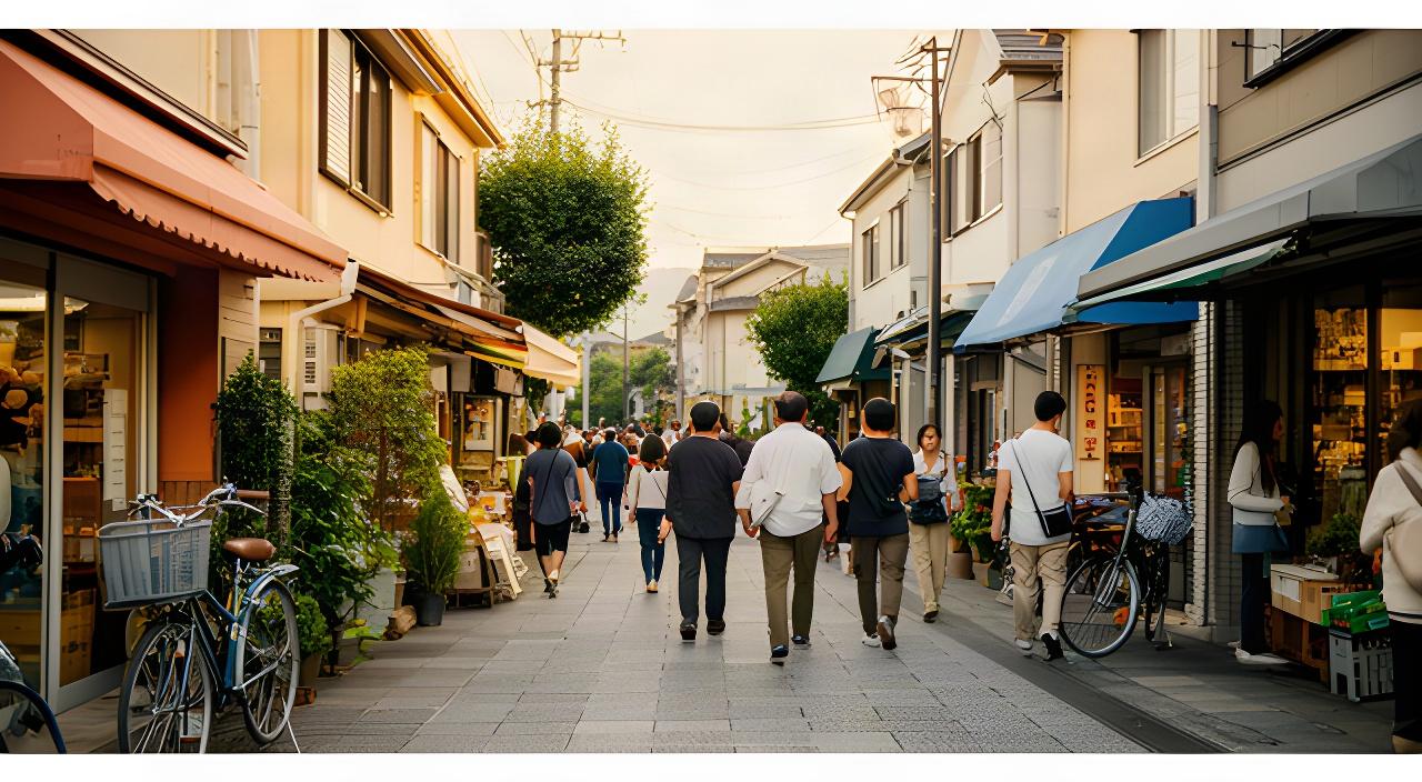 埼玉県の商店街を歩く人々と、軒先に並ぶ地域店舗の風景