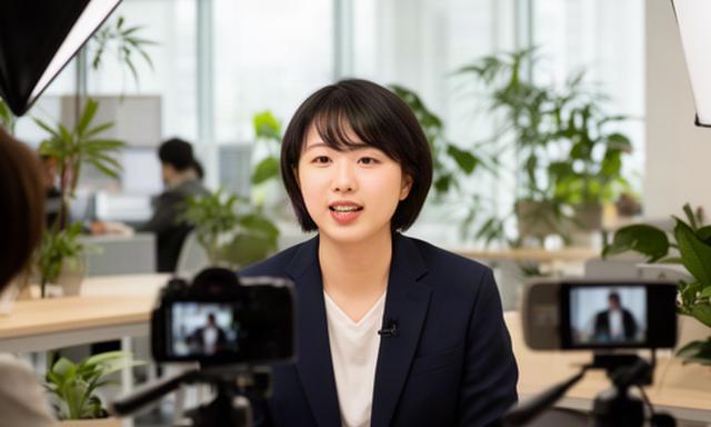 窓から自然光が入る職場で、若手社員が仕事について話す採用インタビューの撮影風景