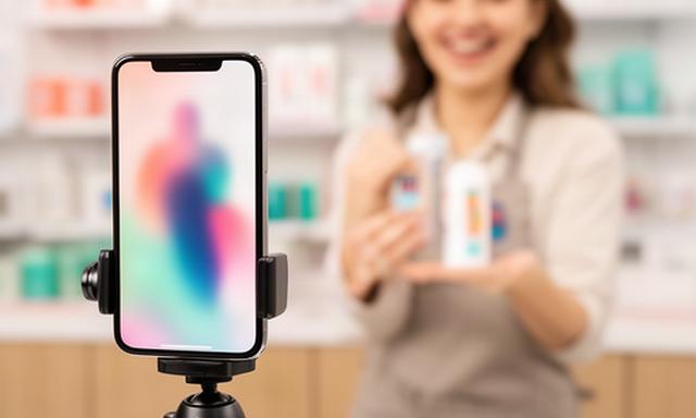 縦向きのスマートフォン画面で、店舗スタッフが商品を紹介する短尺SNS映像の撮影現場