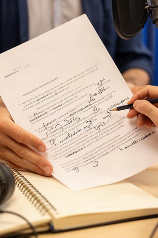 収録前の原稿に読み仮名と息継ぎ位置を書き込み、音声スタッフが確認している様子